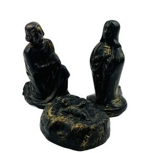 Vtg Holy Family Wax Figurines Mary Joseph Jesus Christmas Nativity Black &‎ Gold